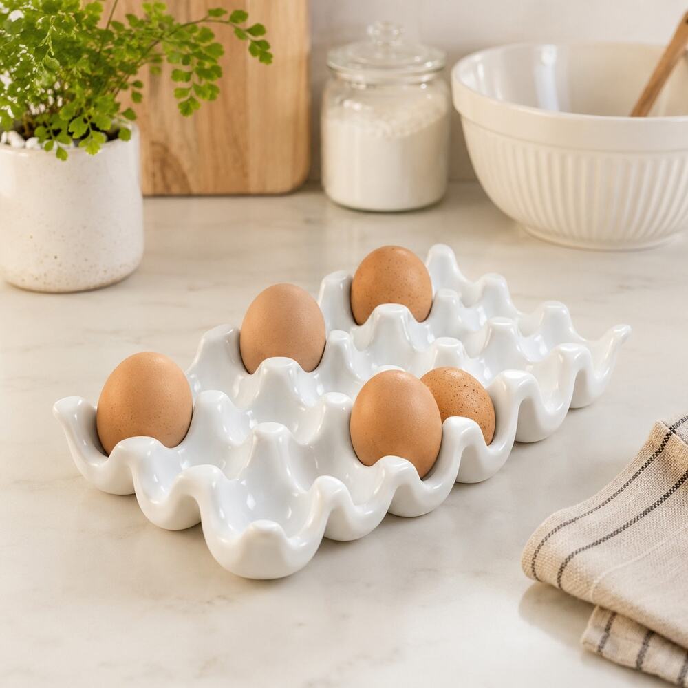 White Stoneware Egg Appetizer Tray 12 Egg Holder Crate Minimalist Modern Kitche
